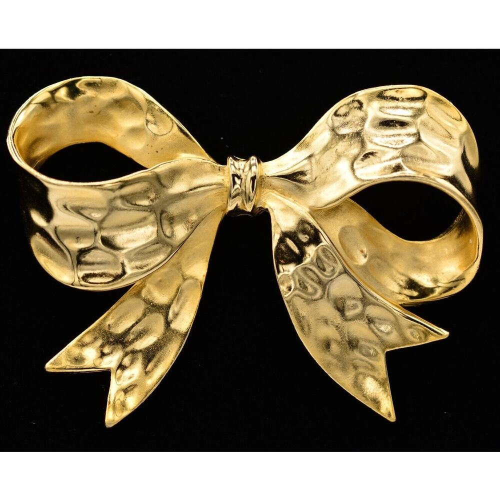 Erwin Pearl Vintage Bow Pin Brooch Brushed Gold Chunky PEP SIgned 1980s Bin5A